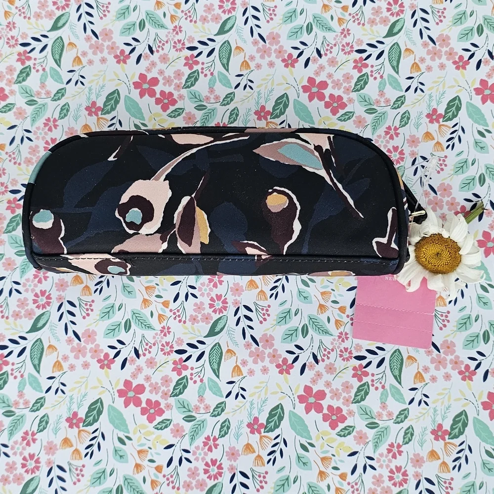 KATE SPADE Dawn Paper Rose Pencil Case- Black Multicolor NWT